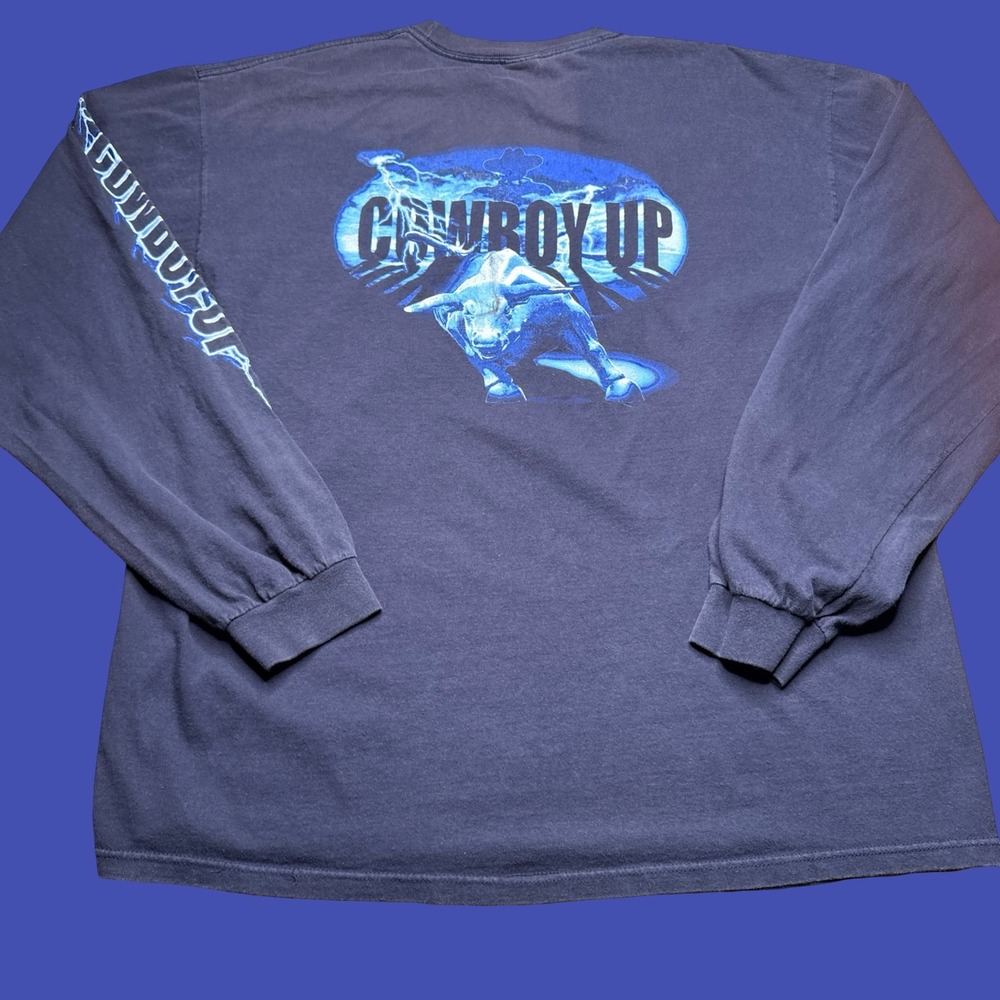 Y2K Cowboy Up Long Sleeve T Shirt 2XL Navy Bull Rodeo Sleeve Graphic